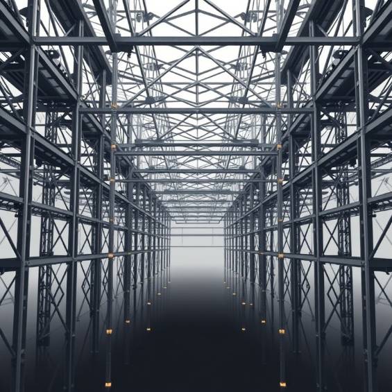 Architectural visualization of interconnected structures with geometric symmetry in charcoal and subtle gold.